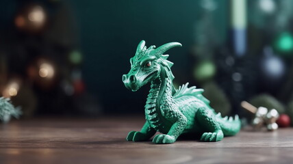 Toy green wooden dragon as symbol of Chinese 2024 New Year