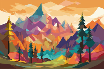 picture of mountain with trees in foreground, panfuturism, low polygon illustration, low polygon digital art, 2 d low polygon art