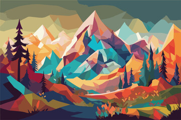 picture of mountain with trees in foreground, panfuturism, low polygon illustration, low polygon digital art, 2 d low polygon art