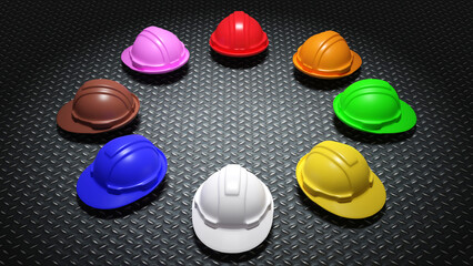 Obraz na płótnie Canvas 3D rendering of set of safety helmets with different colors, standard color hard hats for construction or industry, safety on working area concept