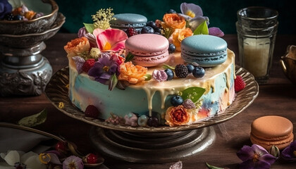 Naklejka premium Ornate wedding table with gourmet desserts, chocolate and berry variations generated by AI