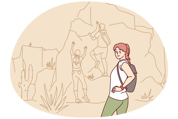 Happy woman hiking in mountains. Smiling girl enjoy active travel on weekend. Sport and nature. Vector illustration.