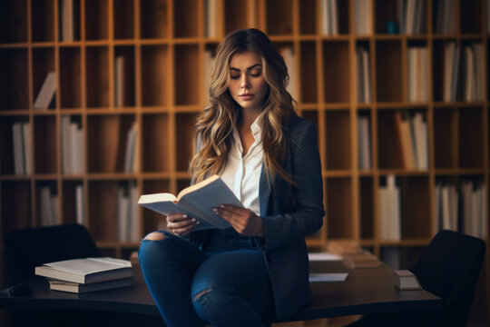 Beautiful Businesswoman Sitting on her Desk Holding Big Books 
