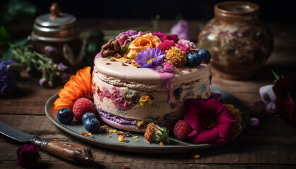 Rustic homemade cheesecake with berry fruit and chocolate decoration generated by AI