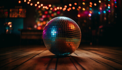 Obraz premium Shiny disco ball illuminates vibrant dance floor at nightclub party generated by AI