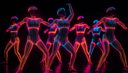 Neon dancers in futuristic nightclub perform glowing abstract motion shapes generated by AI