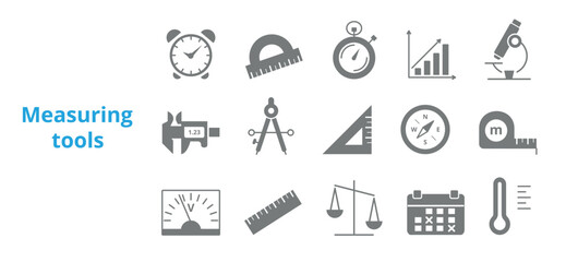 A set of silhouette icons of measuring tools. Protractor, angle, triangular ruler, graph, pencil, compass. Vector illustration.