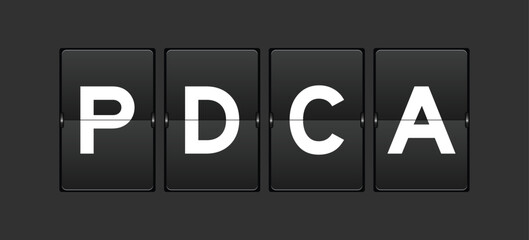 Black color analog flip board with word PDCA (Abbreviation of plan do check act) on gray background