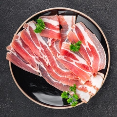 bacon slice fresh smoked meat cooking meal food snack on the table copy space food background...