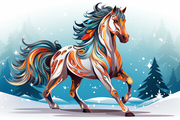Fototapeta na wymiar Christmas illustration of a horse in winter