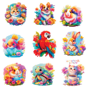 Set of watercolor painting of cute colorful smiling animals surrounded by flowers on a transparent background created with Generative AI technology. Can be used for the logo, t-shirt design, poster