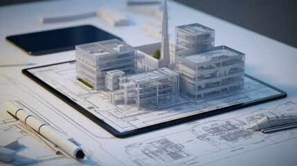 Image of a digital screen displaying incomplete 3D building plans and wireframe models, with a stylus and tablet in the foreground.