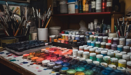 Obraz premium Vibrant colors of paint bottles arranged on messy workshop table generated by AI