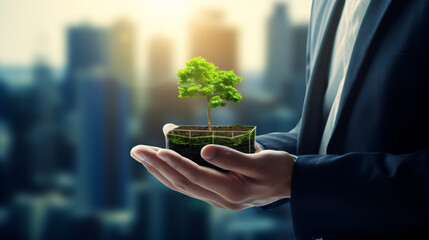Sustainable growth and eco-friendly enterprises relying on renewable energy sources. Innovative contemporary technologies enable us to foster a clean, environmentally conscious, and recyclable ecosyst - obrazy, fototapety, plakaty