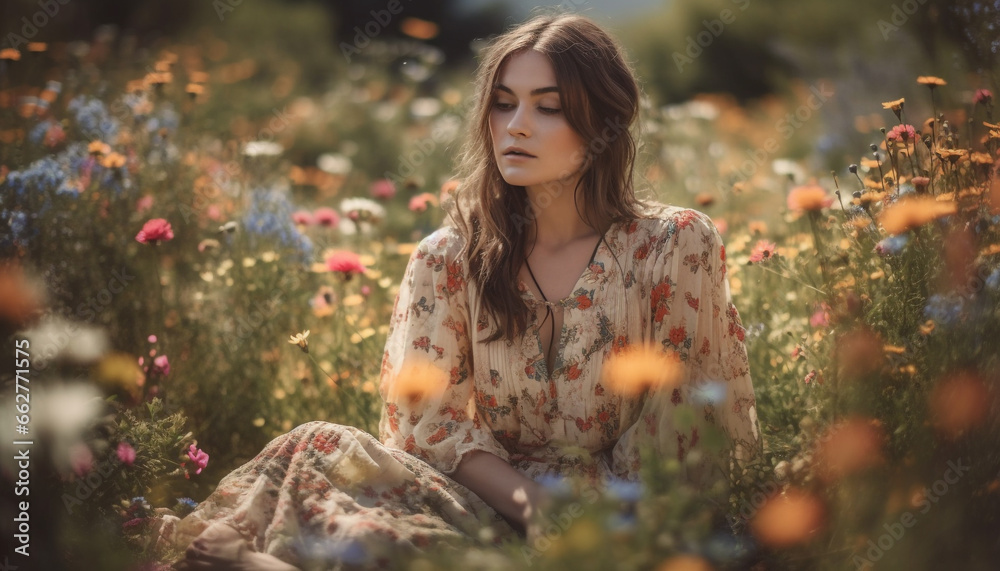 Wall mural One woman, outdoors in meadow, enjoying nature beauty and freedom generated by AI