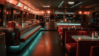 Luxury nightclub with modern architecture, illuminated bar counter and comfortable chairs generated by AI