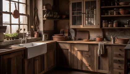 Modern rustic kitchen design with stainless steel appliances and pottery generated by AI