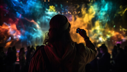 Nighttime concert ignites joyous crowd with fiery stage lighting generated by AI