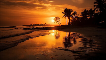 Idyllic tropical sunset, palm trees silhouette against orange horizon over water generated by AI