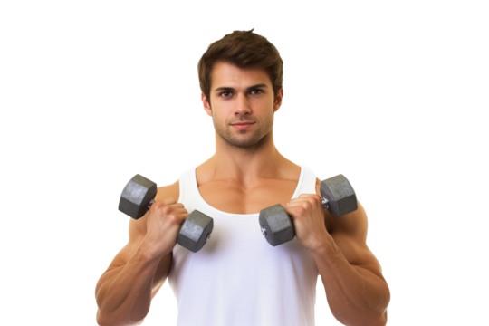 man with dumbbells isolated on transparent background. Generative Ai