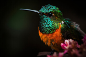 Wildlife photography of a vibrant hummingbird hovering over a flower in a tropical garden. AI Generative