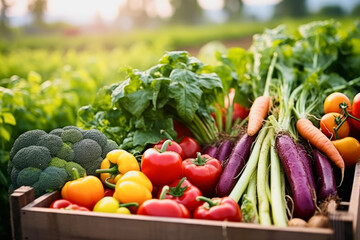 Close up of colorful vegetables in a cardboard box in background of farm. Food concept of health and vegetarian.