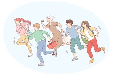 Fototapeta premium People running go shopping on sales. Excited shopaholics rush hurry for discounts or promotion. Vector illustration.