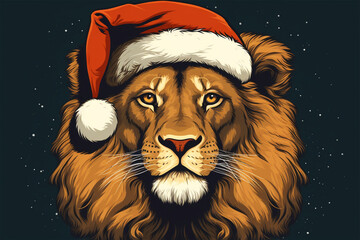 Christmas illustration of a lion in winter