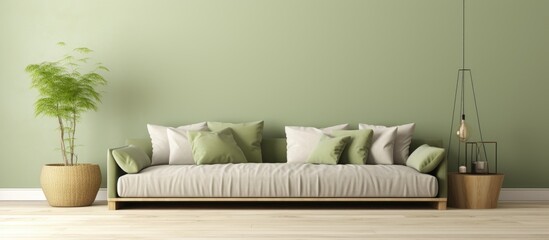 Cozy living room with a big comfy green couch With copyspace for text