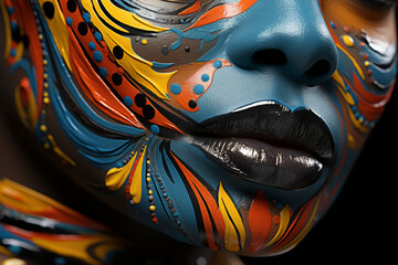 Close-up image of African female face with multi-color artistic make-up