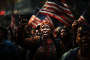 Young African woman shouting and gesturing while taking part in street protest for equal rights - obrazy, fototapety, plakaty