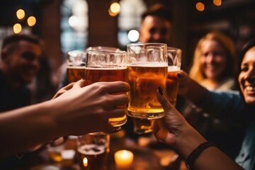 A group of friend hang out at bar with cheer beer together. - obrazy, fototapety, plakaty