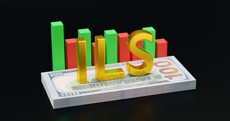 The sign of the Israeli shekel on a stack of paper dollars next to a bar chart, currency changes during military operations, 3D rendering