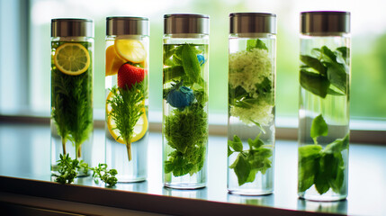Detox drinks in beautiful jars are on the table against a blurred background. Eco products. Generative AI