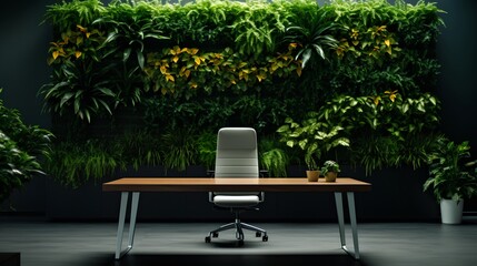 Modern corporate office space with green walls. Sustainable and nature friendly environment. The office design reflects the companys commitment to ecology practices and a healthy work atmosphere.