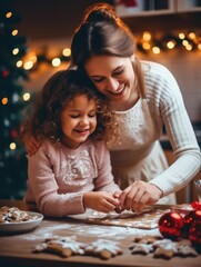 Mother and child preparing christmas cookies, family baking together during xmas time, ai generated