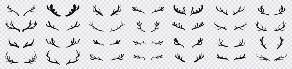 Set of animal horns. Black silhouettes of horns isolated on transparent background. Horns icons.