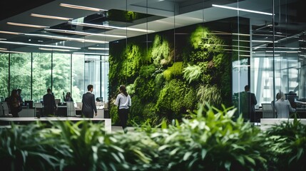 Office space with lush green plants. Sustainable and nature friendly corporate environment. Workspace for business productivity and employee wellbeing. Environmental responsibility in business, ESG