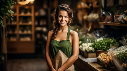 Fototapeta na wymiar Portrait of a happy woman standing in her flower shop. Cheerful young saleswoman is waiting for customers of the flower shop. successful small business owner in an ordinary gray apron. Generative Ai