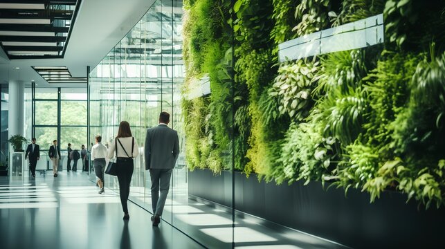 Office space with lush green plants. Sustainable and nature friendly corporate environment. Workspace for business productivity and employee wellbeing. Environmental responsibility in business, ESG
