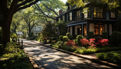 Obraz premium Green leafy path leads to beautiful garden in summer sunlight generated by AI