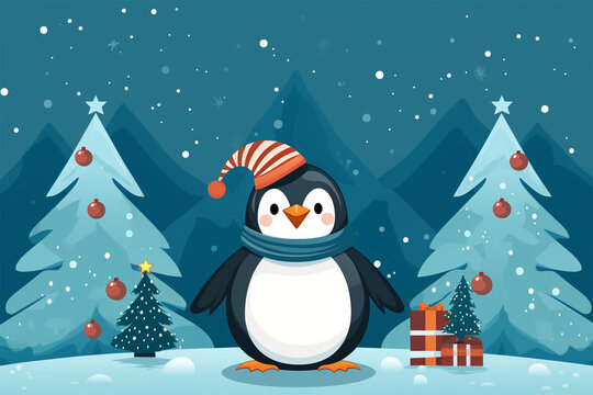 Christmas illustration of a penguin in winter
