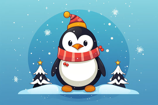 Christmas illustration of a penguin in winter