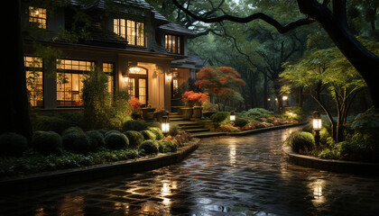 Night illuminates nature beauty, reflecting on tranquil water and architecture generated by AI