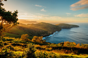 Sunset views at Azores islands, viewpoint on São Miguel, mountains and ocean.