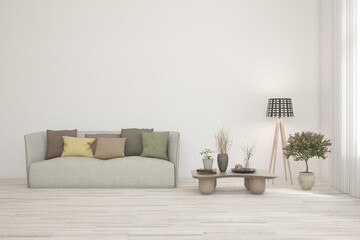 Bright interior design with modern furniture and summer landscape in window. 3D illustration