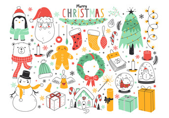 Set of cute and funny christmas doodles. Tree, animals, gifts, decorations, santa, snowman outline drawings. Winter season line characters and elements. Card, poster, print design