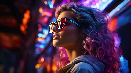 Close-up portrait of a young girl wearing glasses in neon light. Cyber background. Generative AI
