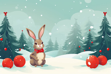 Christmas illustration of a rabbit in winter