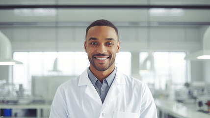 Portrait of black young man wearing lab coat and smiling at camera in clean workshop of...